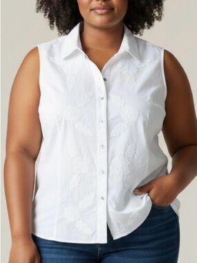Studio 65 White Sleeveless Embroidered Button-Down Shirt, Sheer, 100% cotton